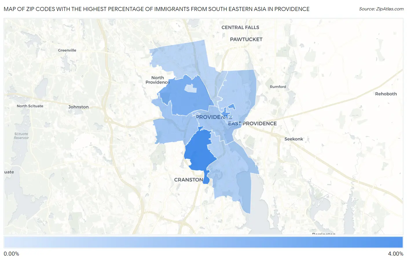 Zip Codes with the Highest Percentage of Immigrants from South Eastern Asia in Providence Map