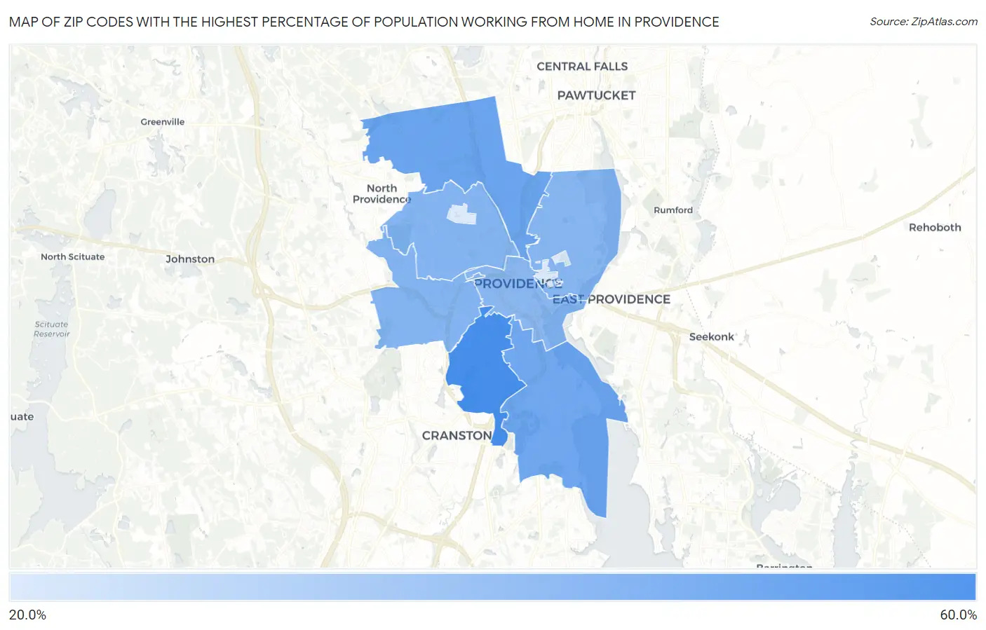 Zip Codes with the Highest Percentage of Population Working from Home in Providence Map