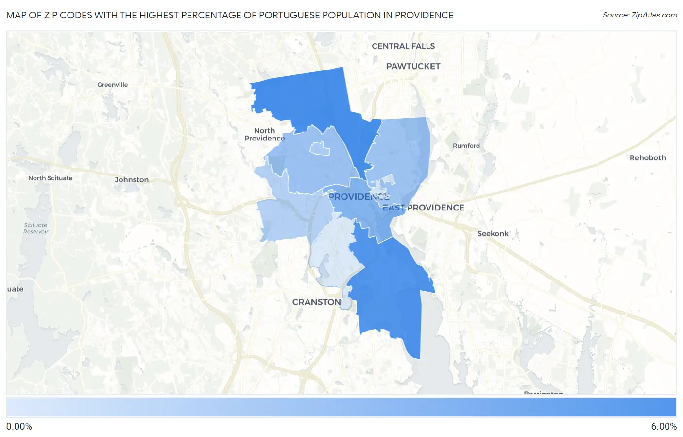 Zip Codes with the Highest Percentage of Portuguese Population in Providence Map