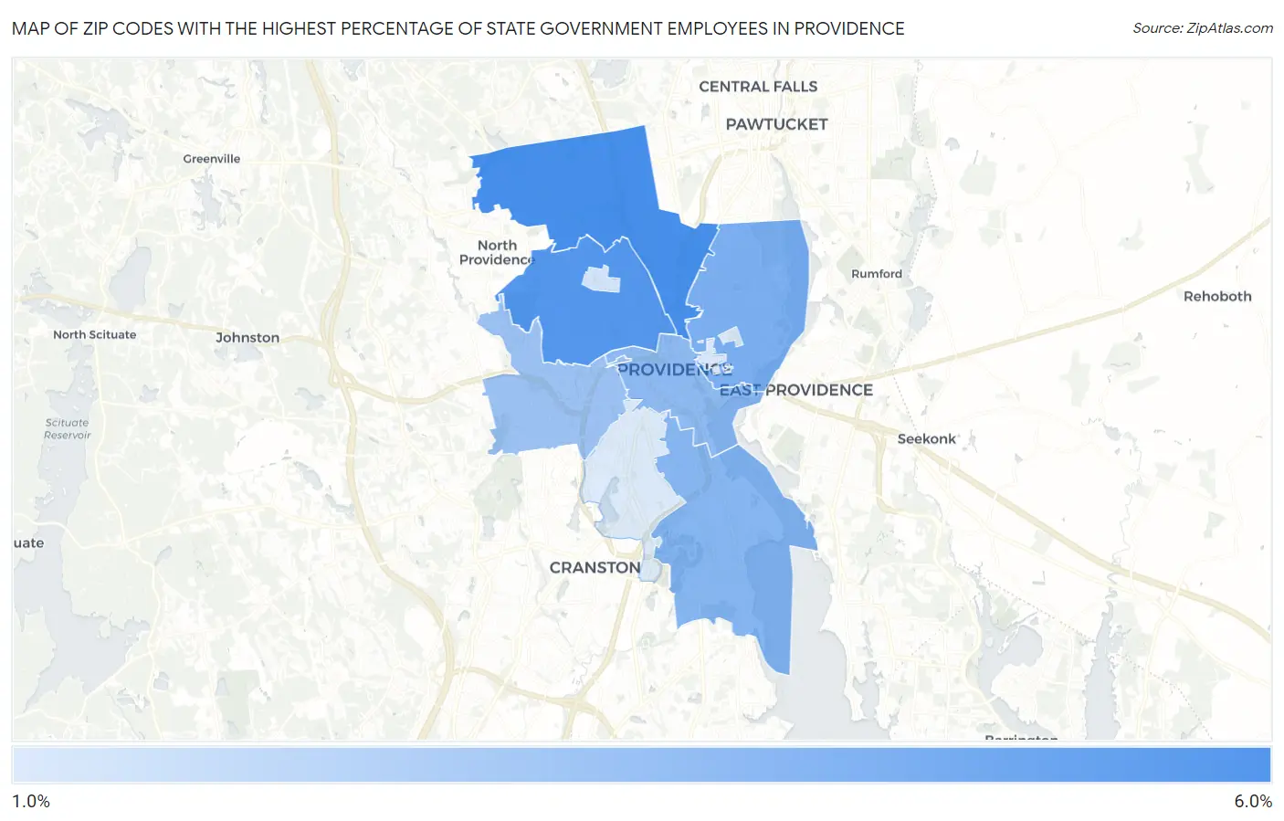 Zip Codes with the Highest Percentage of State Government Employees in Providence Map