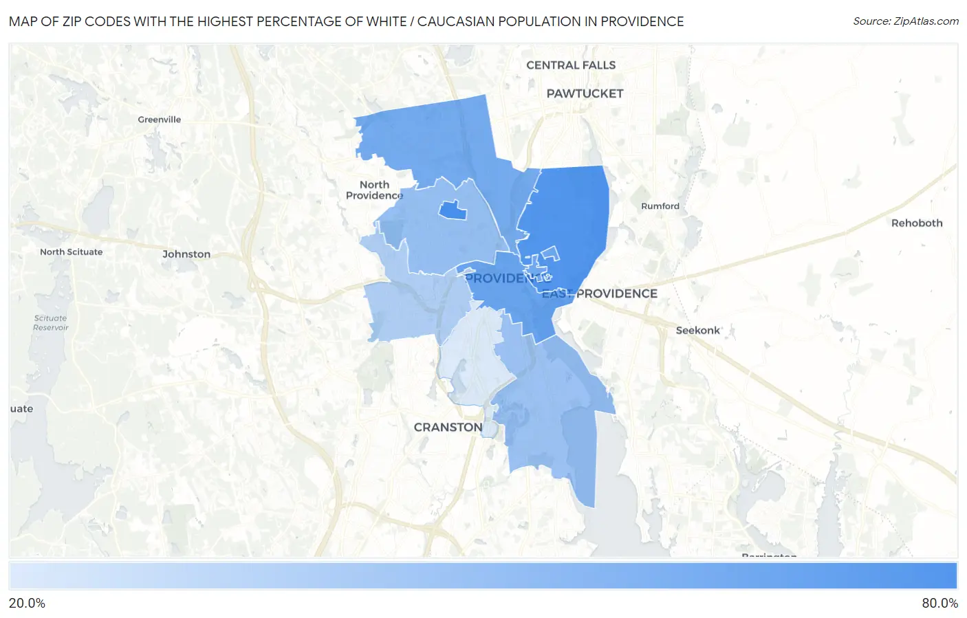 Zip Codes with the Highest Percentage of White / Caucasian Population in Providence Map