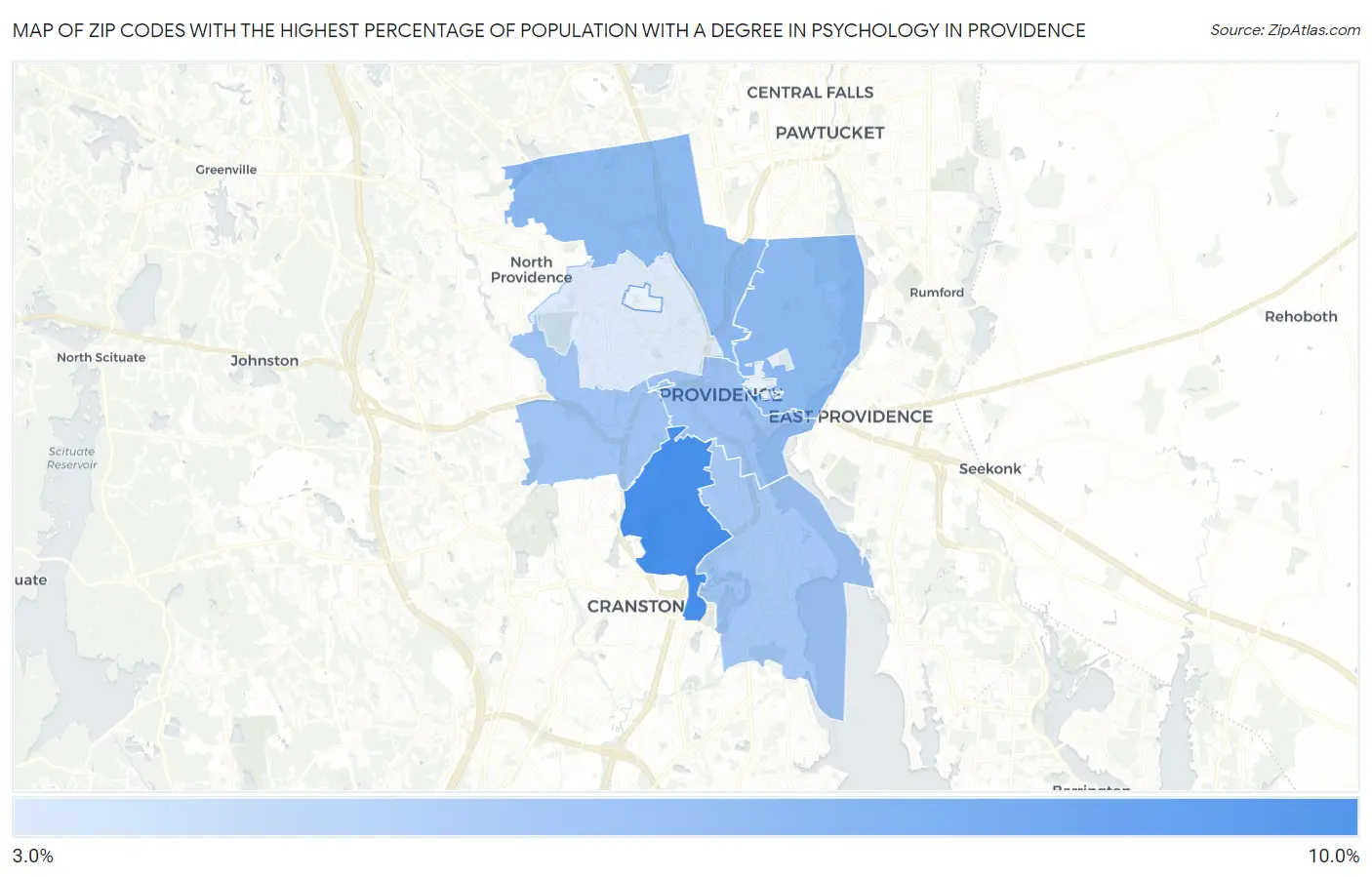 Zip Codes with the Highest Percentage of Population with a Degree in Psychology in Providence Map