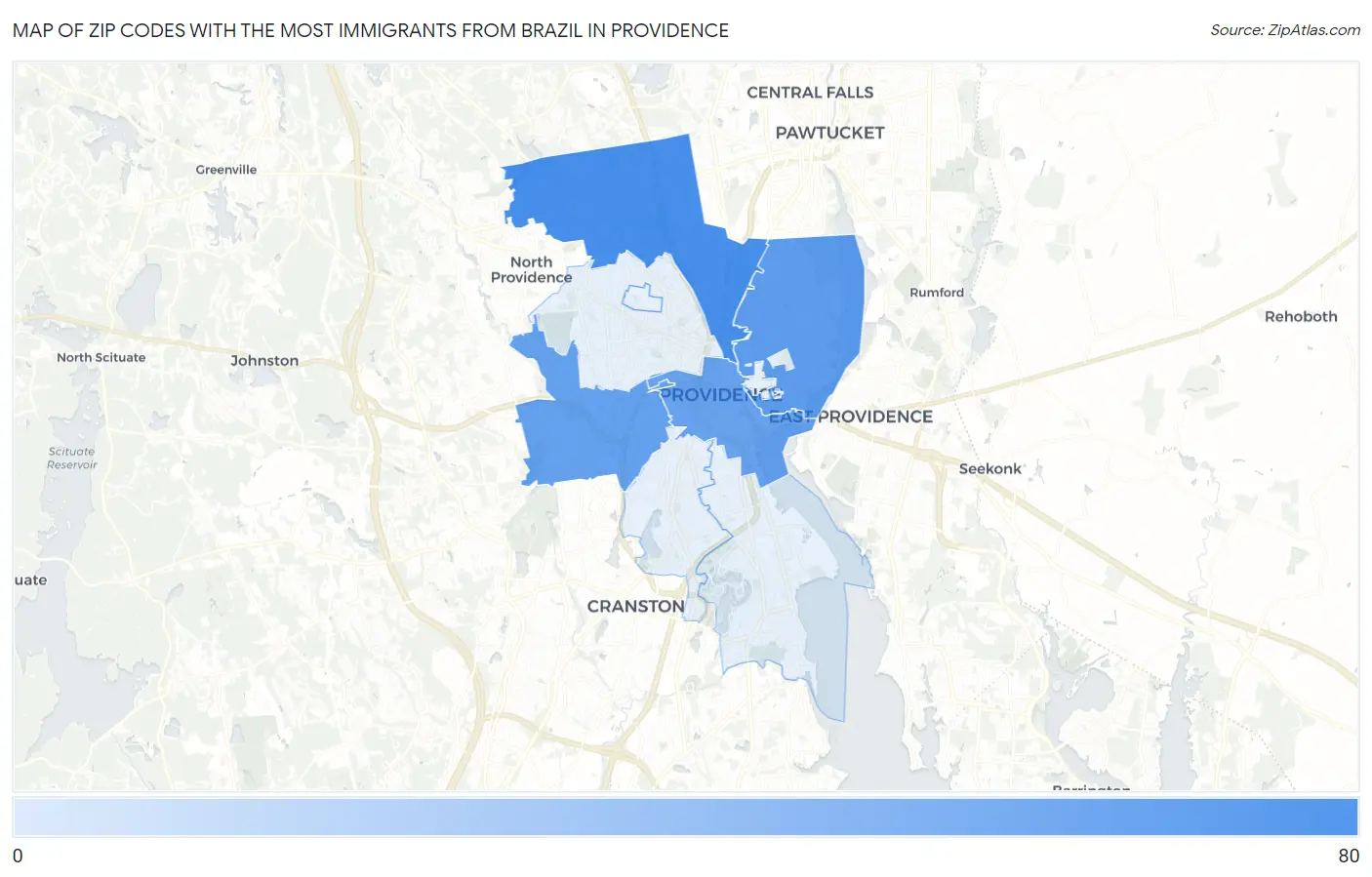 Zip Codes with the Most Immigrants from Brazil in Providence Map