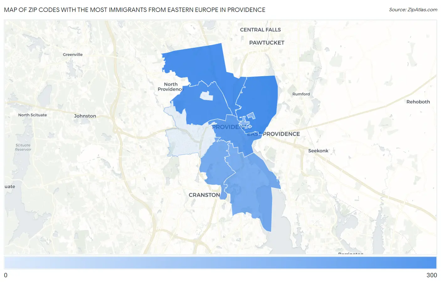 Zip Codes with the Most Immigrants from Eastern Europe in Providence Map