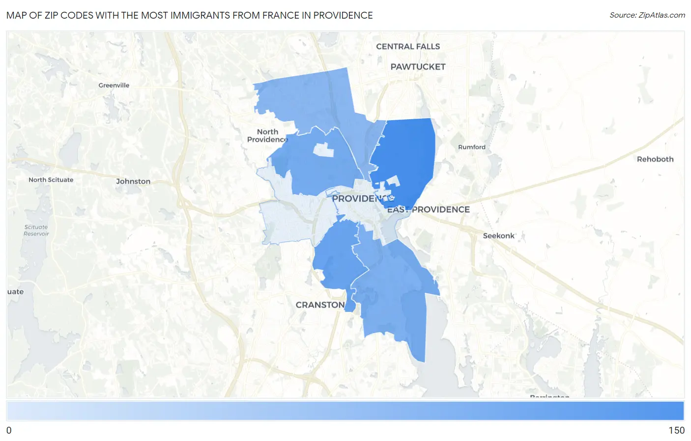 Zip Codes with the Most Immigrants from France in Providence Map