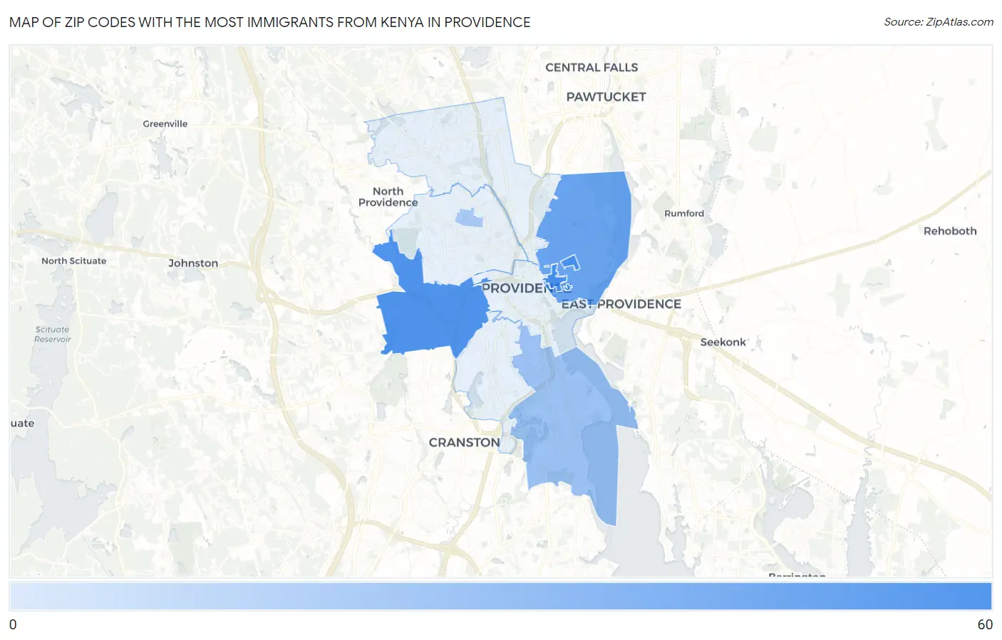 Zip Codes with the Most Immigrants from Kenya in Providence Map
