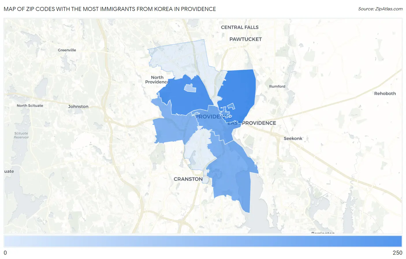 Zip Codes with the Most Immigrants from Korea in Providence Map