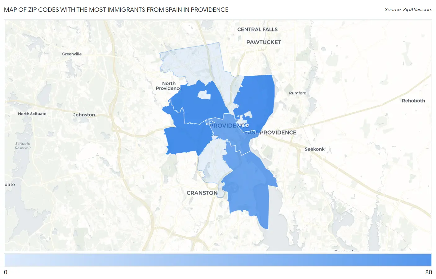 Zip Codes with the Most Immigrants from Spain in Providence Map