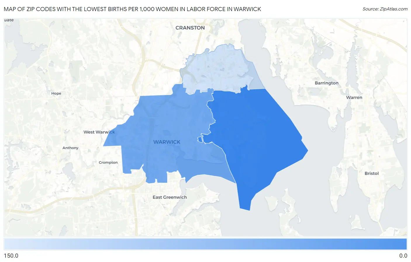 Zip Codes with the Lowest Births per 1,000 Women in Labor Force in Warwick Map