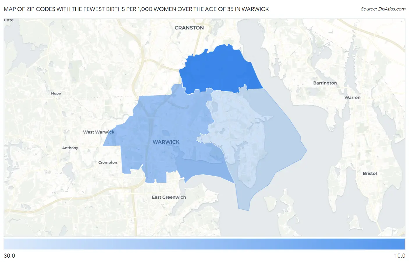 Zip Codes with the Fewest Births per 1,000 Women Over the Age of 35 in Warwick Map