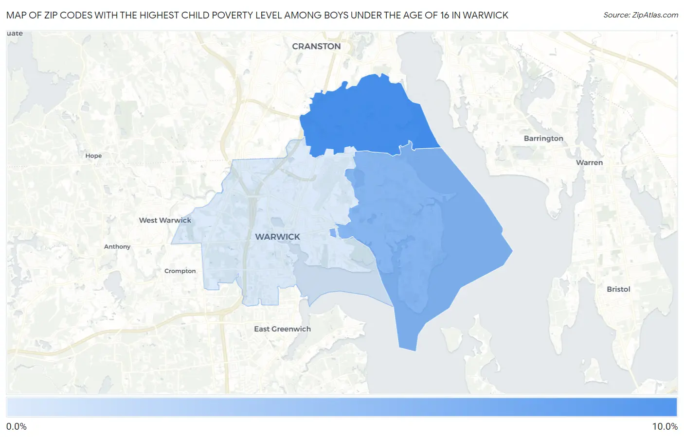 Zip Codes with the Highest Child Poverty Level Among Boys Under the Age of 16 in Warwick Map