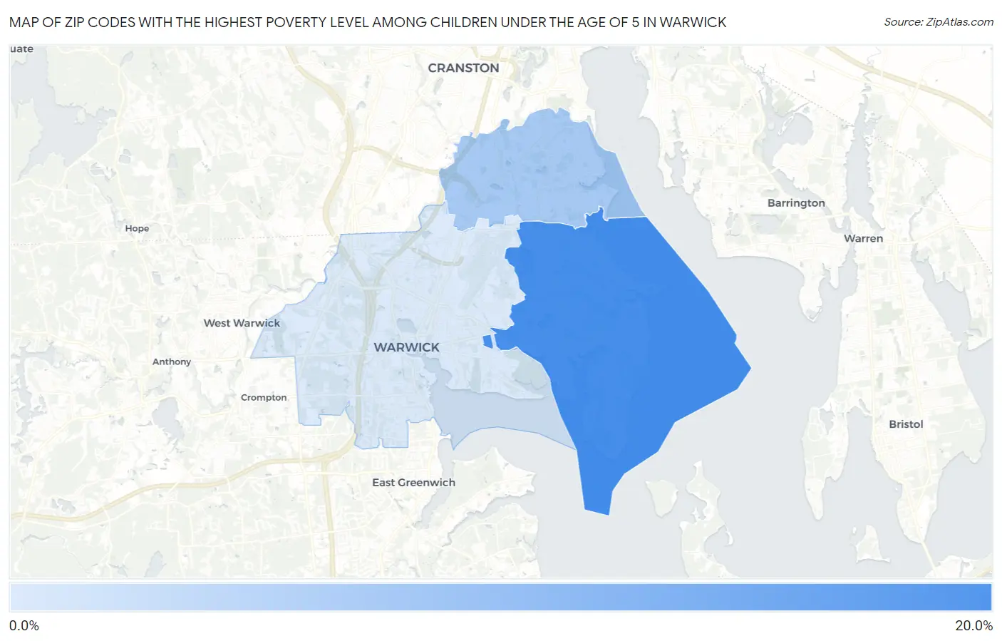 Zip Codes with the Highest Poverty Level Among Children Under the Age of 5 in Warwick Map