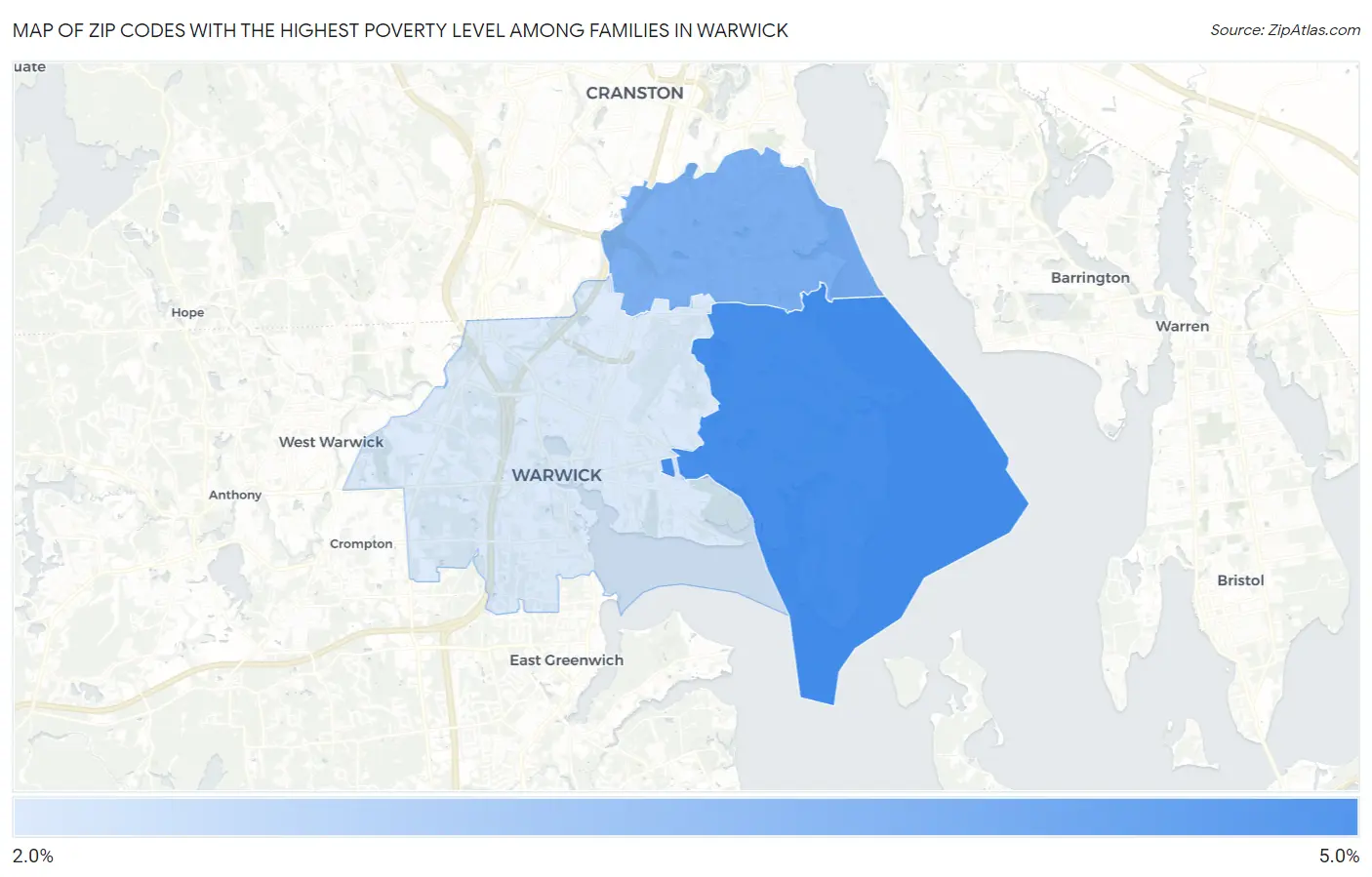 Zip Codes with the Highest Poverty Level Among Families in Warwick Map
