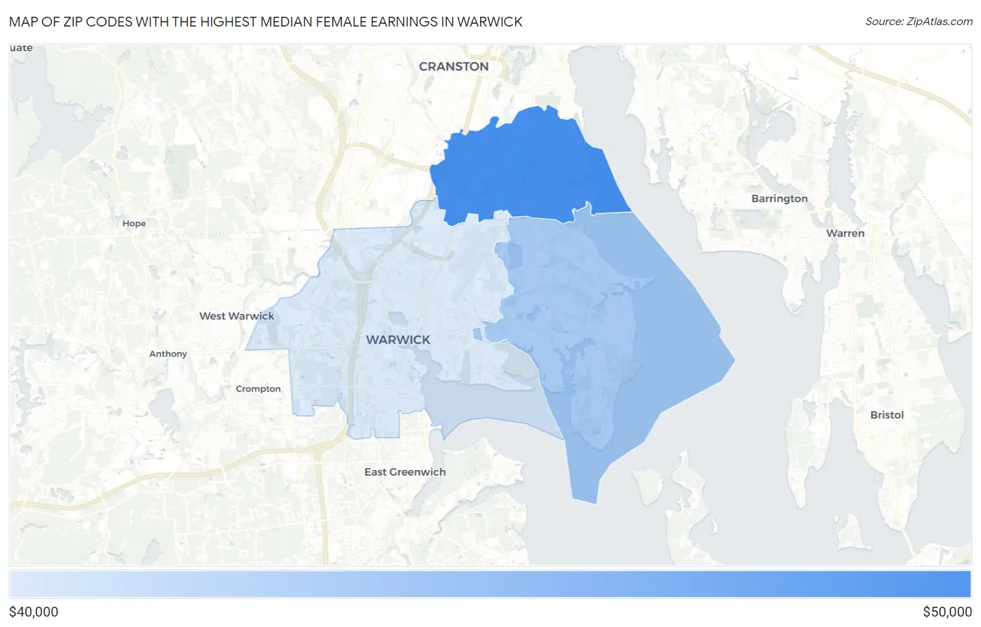 Zip Codes with the Highest Median Female Earnings in Warwick Map