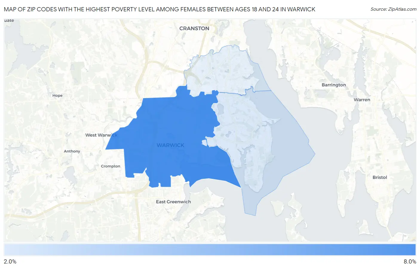 Zip Codes with the Highest Poverty Level Among Females Between Ages 18 and 24 in Warwick Map