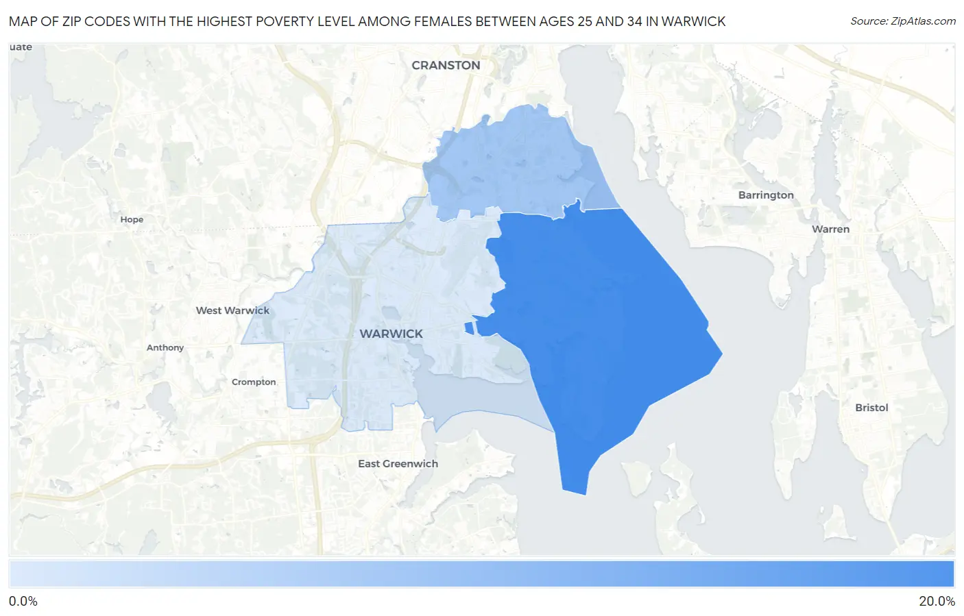 Zip Codes with the Highest Poverty Level Among Females Between Ages 25 and 34 in Warwick Map