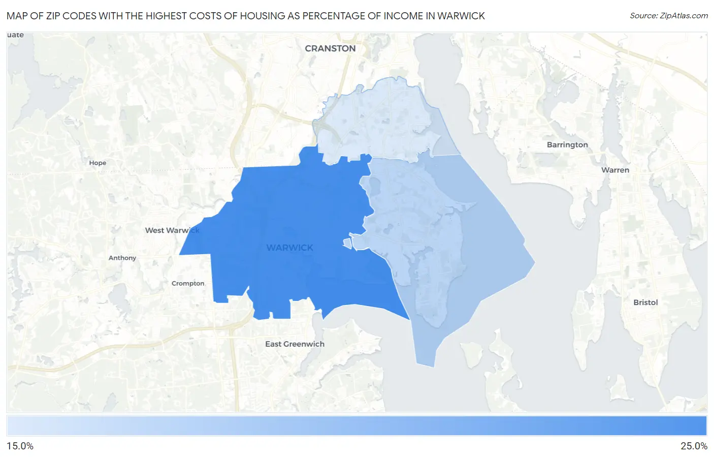 Zip Codes with the Highest Costs of Housing as Percentage of Income in Warwick Map