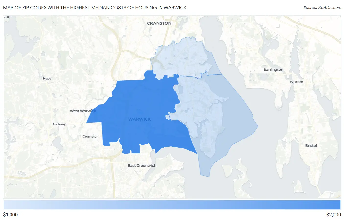 Zip Codes with the Highest Median Costs of Housing in Warwick Map