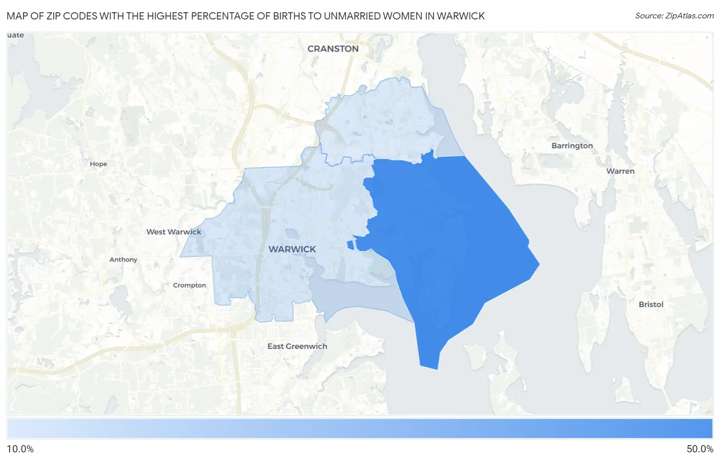Zip Codes with the Highest Percentage of Births to Unmarried Women in Warwick Map