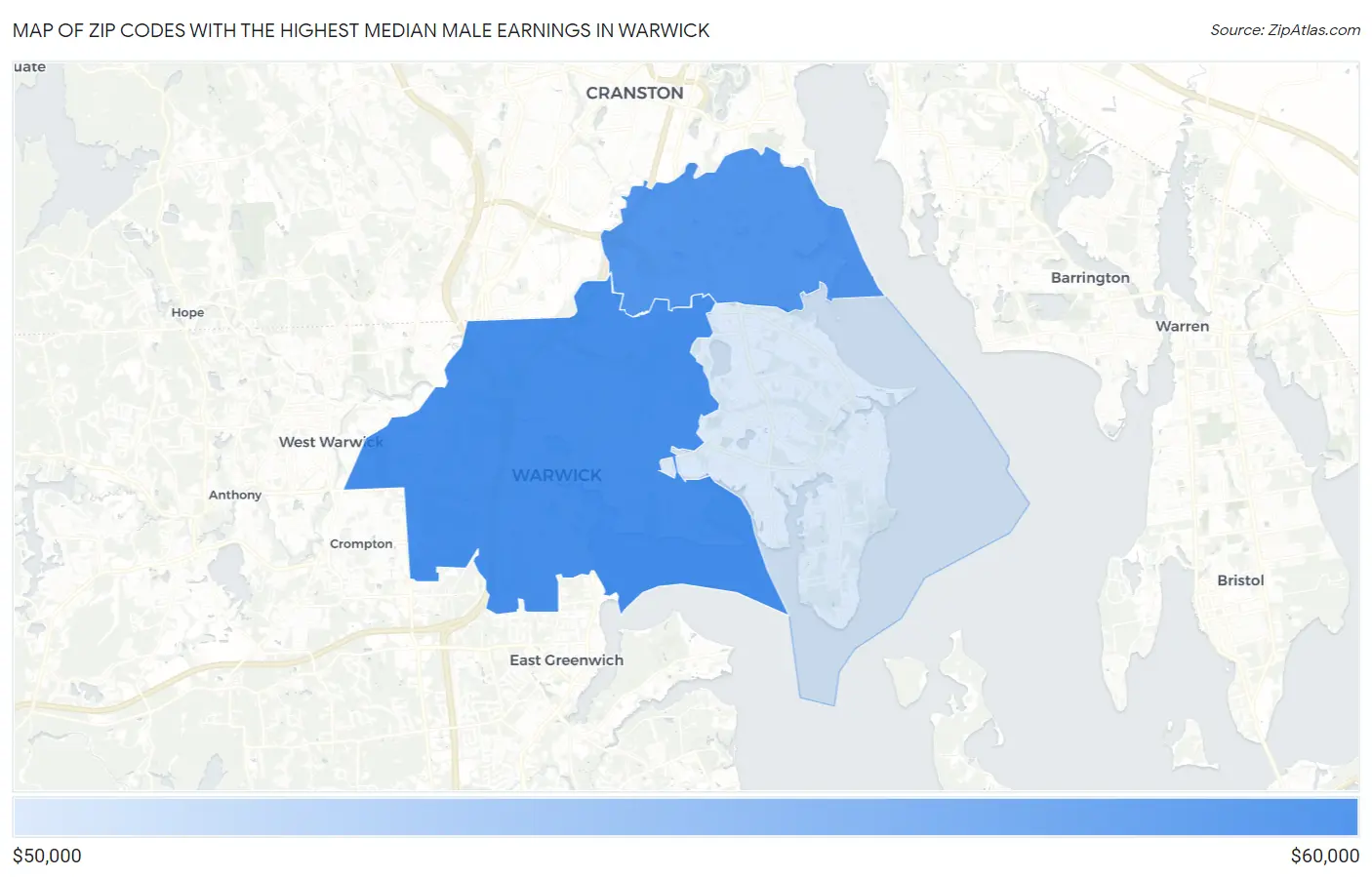 Zip Codes with the Highest Median Male Earnings in Warwick Map