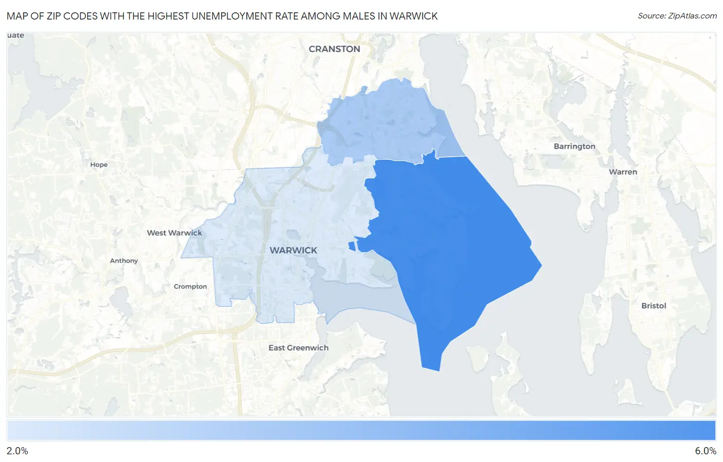 Zip Codes with the Highest Unemployment Rate Among Males in Warwick Map