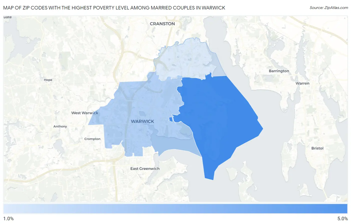 Zip Codes with the Highest Poverty Level Among Married Couples in Warwick Map