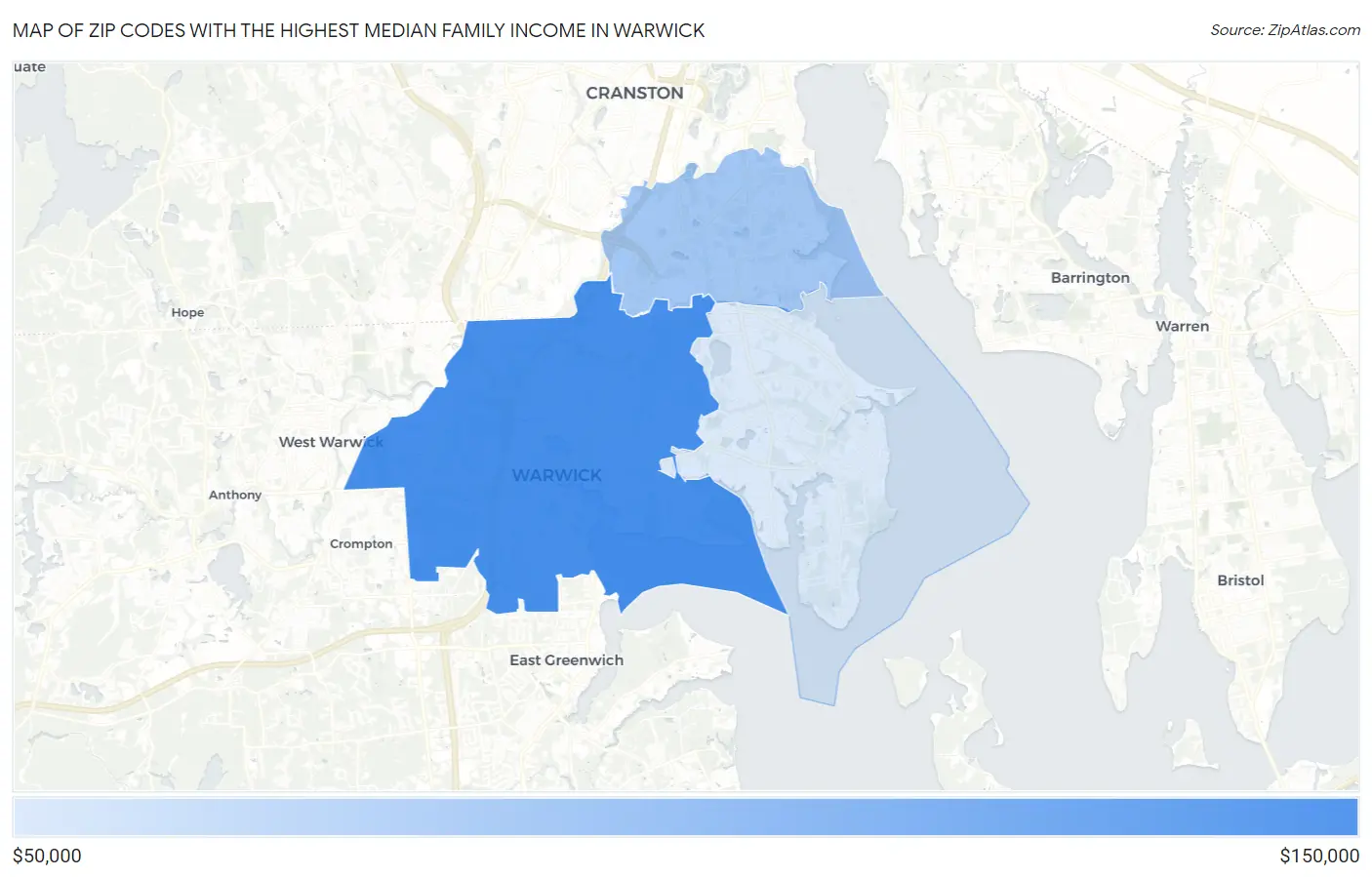 Zip Codes with the Highest Median Family Income in Warwick Map