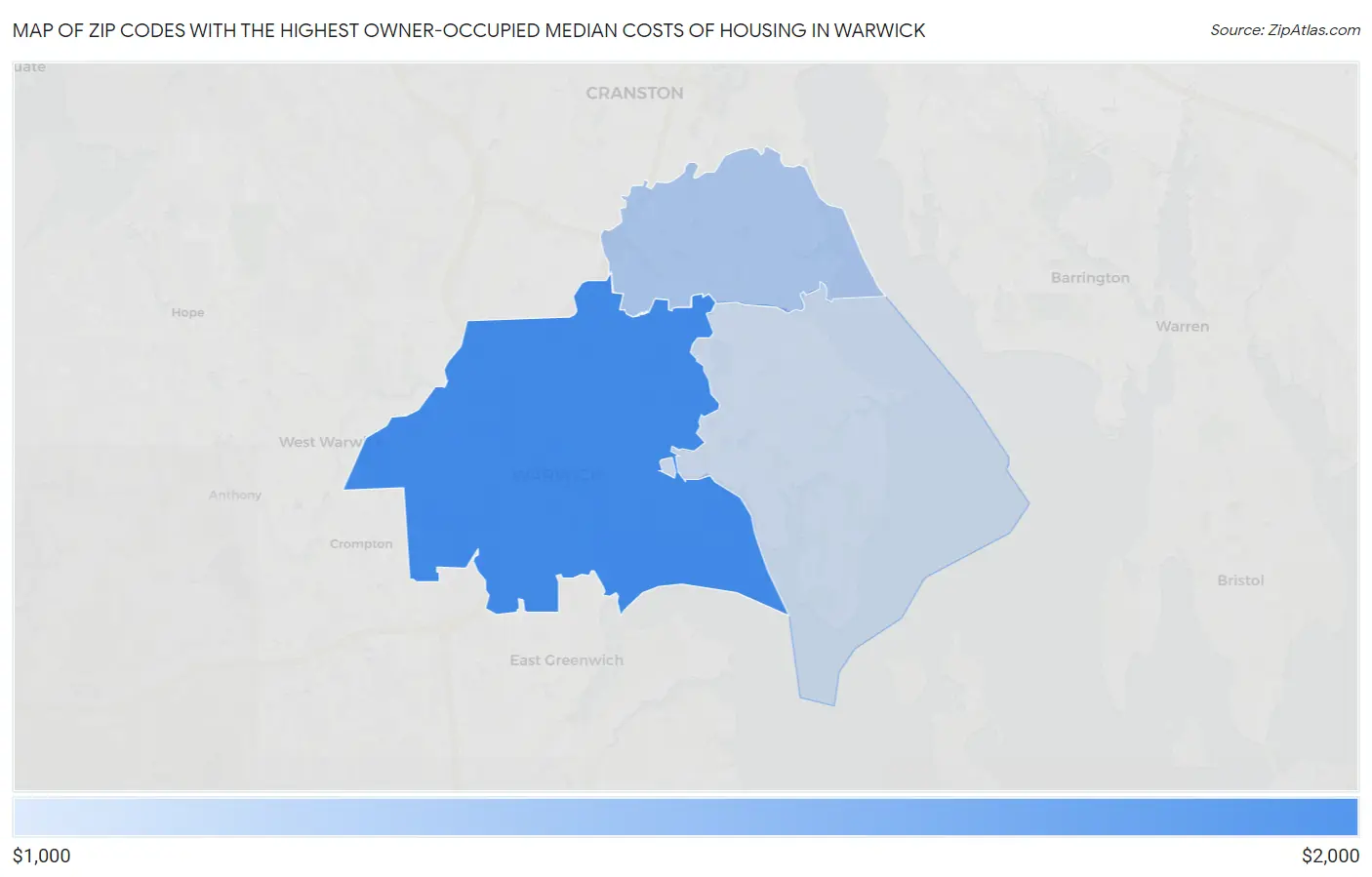 Zip Codes with the Highest Owner-Occupied Median Costs of Housing in Warwick Map