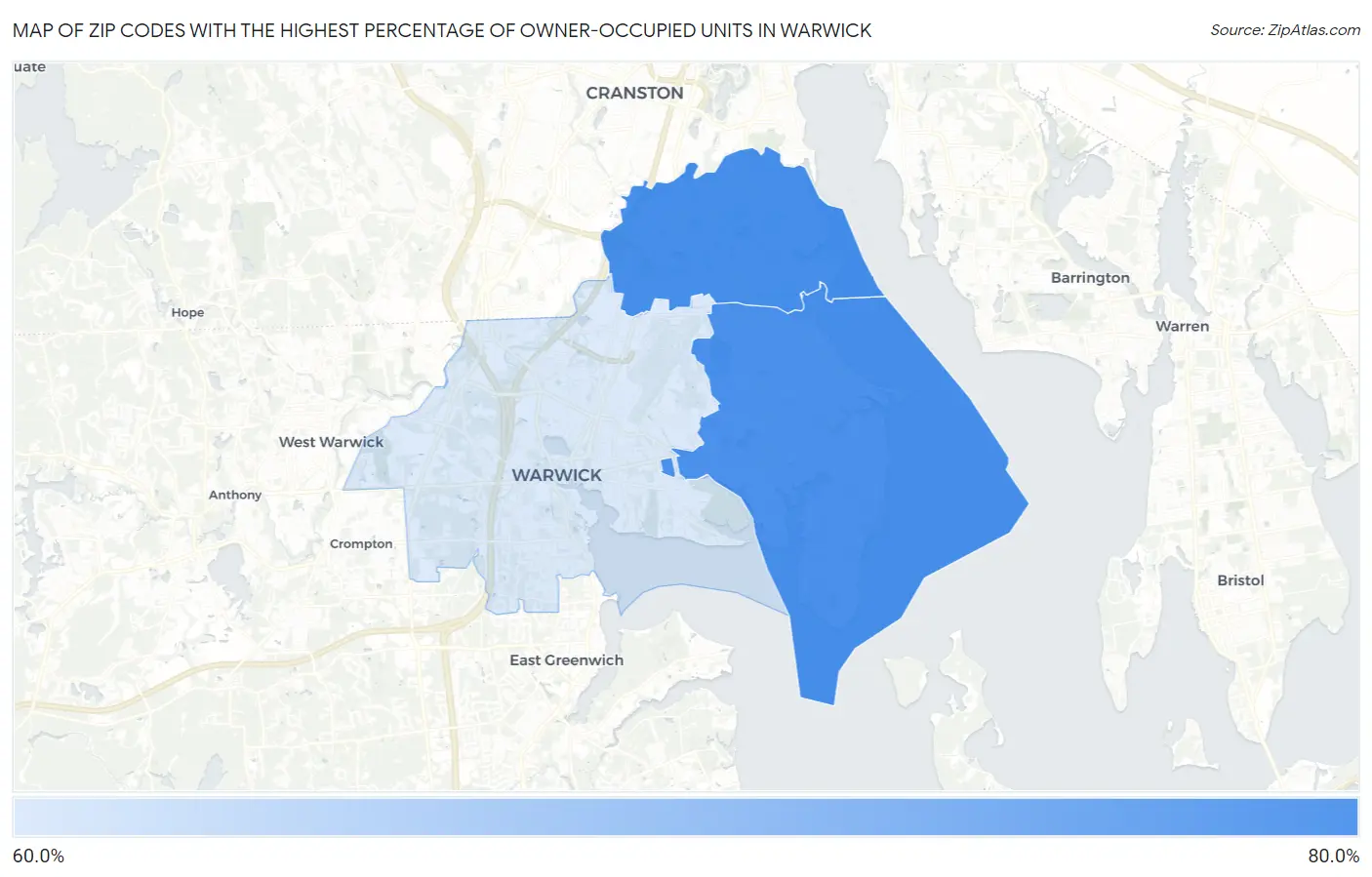 Zip Codes with the Highest Percentage of Owner-Occupied Units in Warwick Map