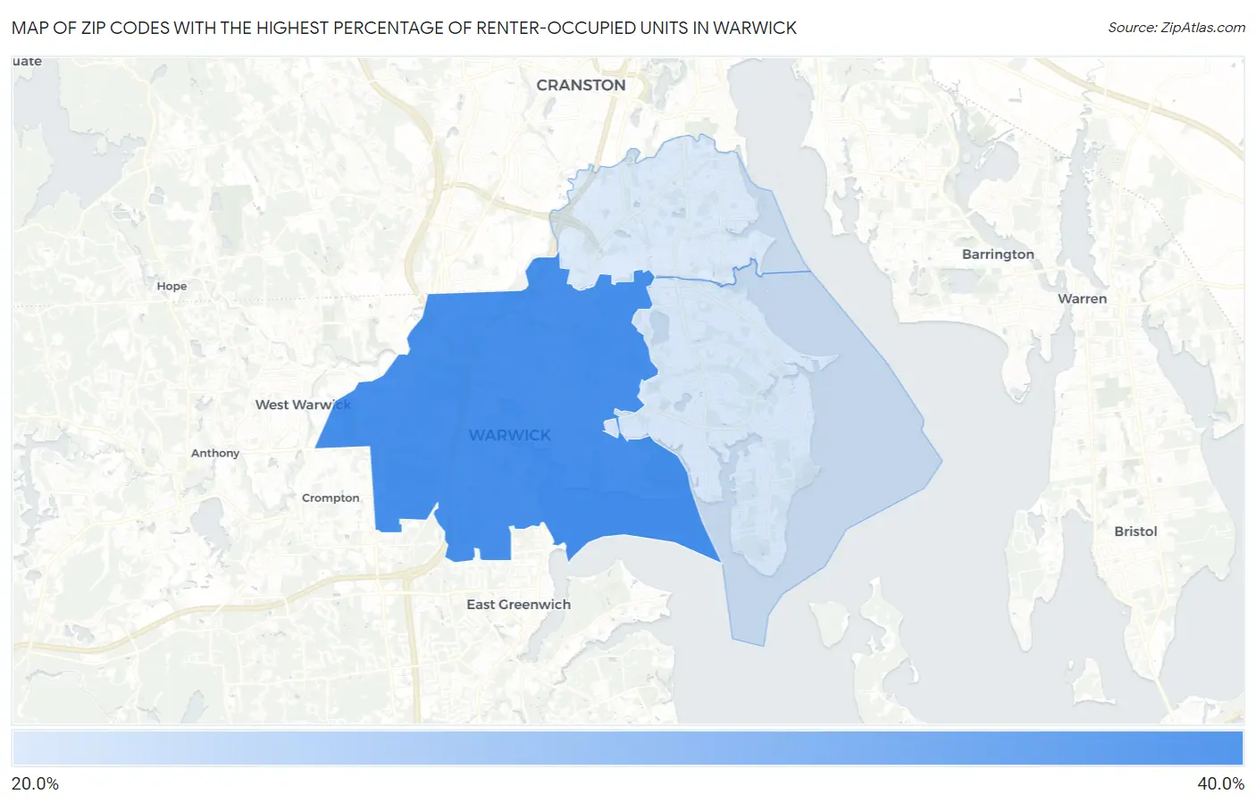 Zip Codes with the Highest Percentage of Renter-Occupied Units in Warwick Map