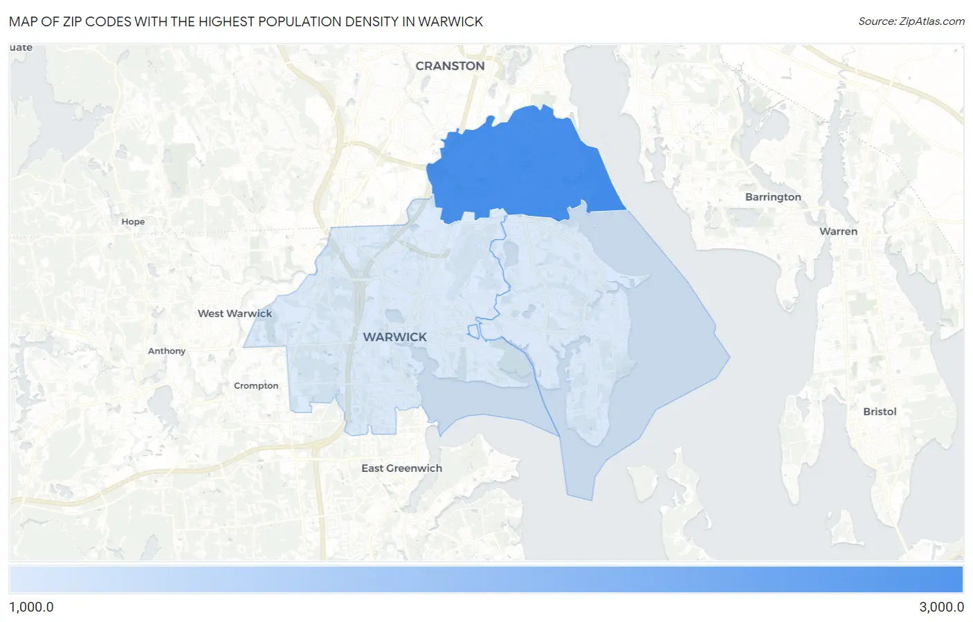 Zip Codes with the Highest Population Density in Warwick Map