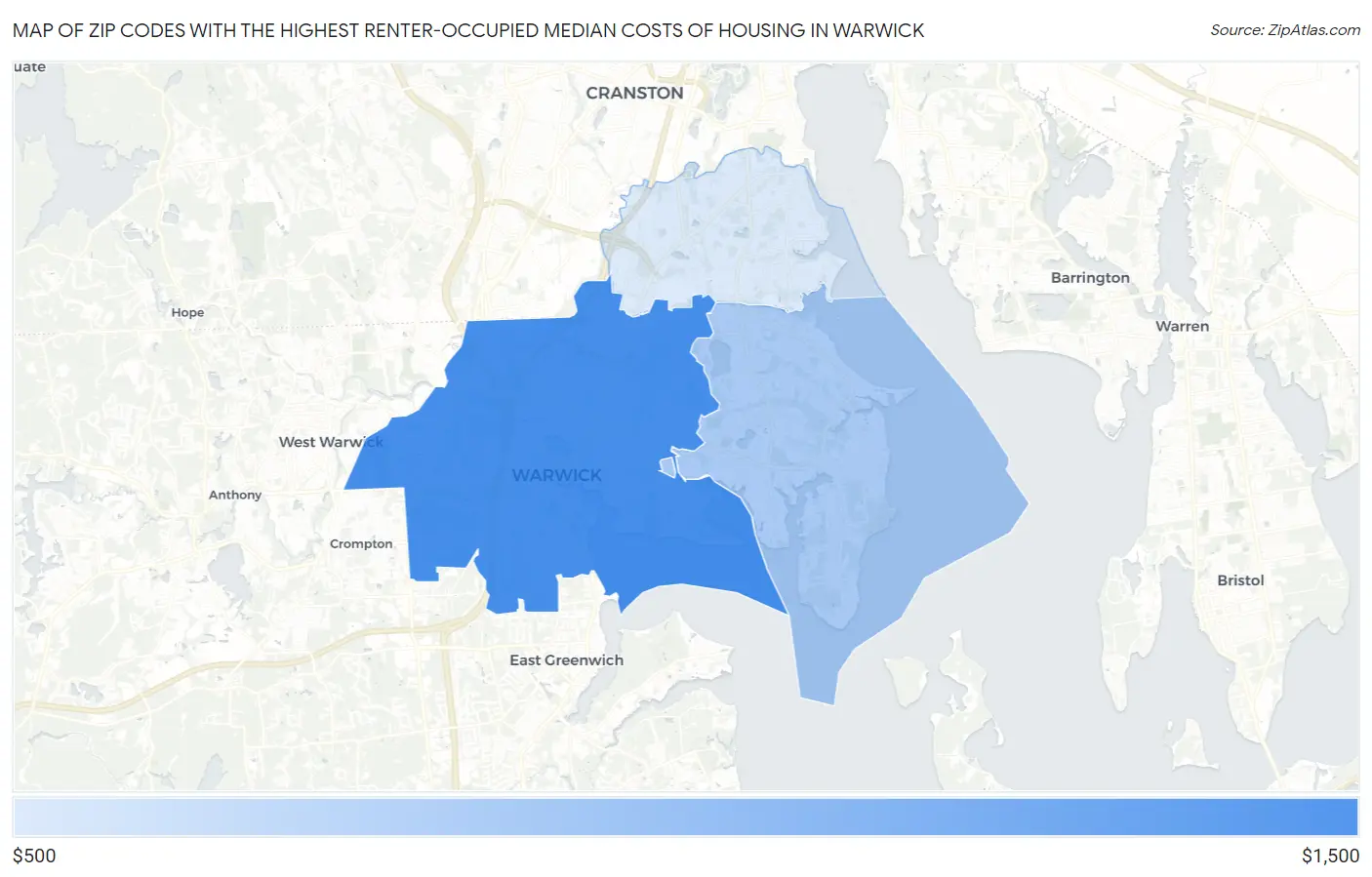 Zip Codes with the Highest Renter-Occupied Median Costs of Housing in Warwick Map