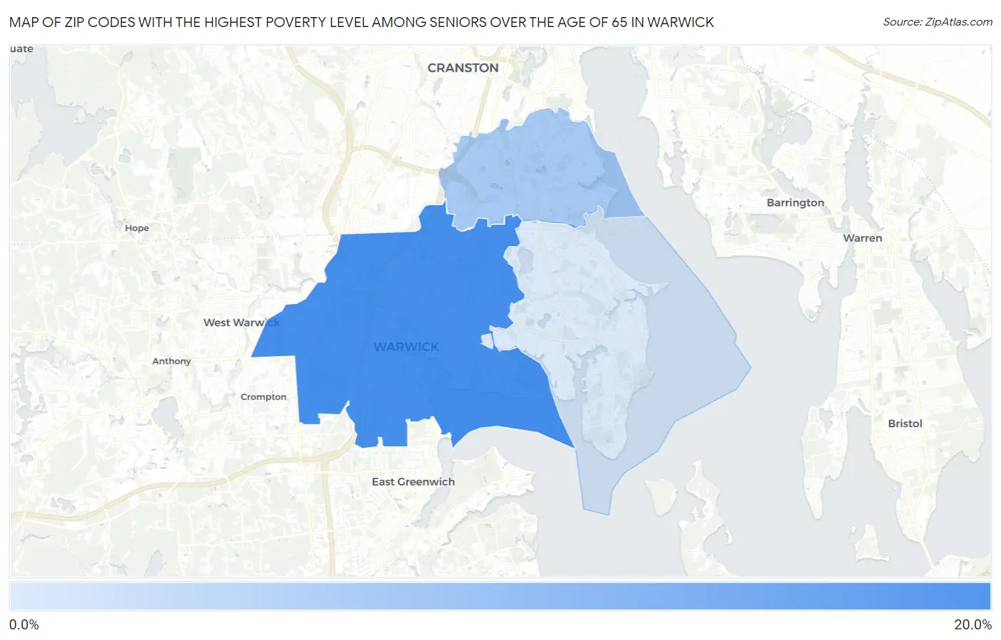 Zip Codes with the Highest Poverty Level Among Seniors Over the Age of 65 in Warwick Map