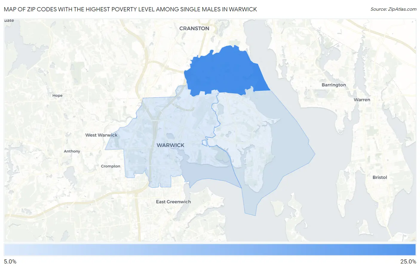 Zip Codes with the Highest Poverty Level Among Single Males in Warwick Map