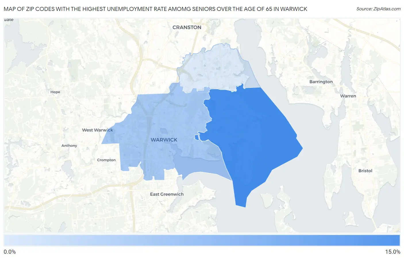 Zip Codes with the Highest Unemployment Rate Amomg Seniors Over the Age of 65 in Warwick Map