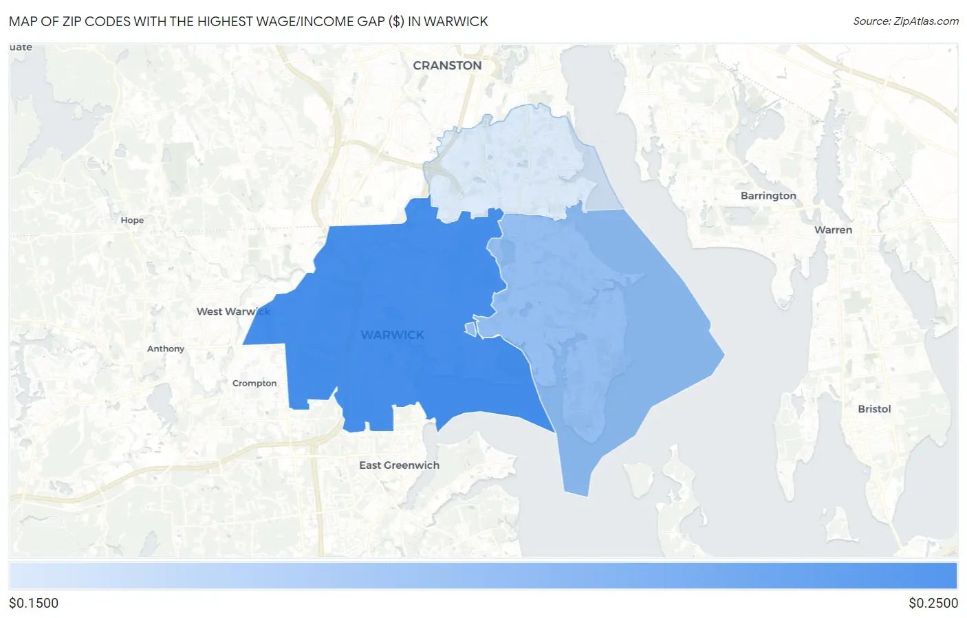 Zip Codes with the Highest Wage/Income Gap ($) in Warwick Map