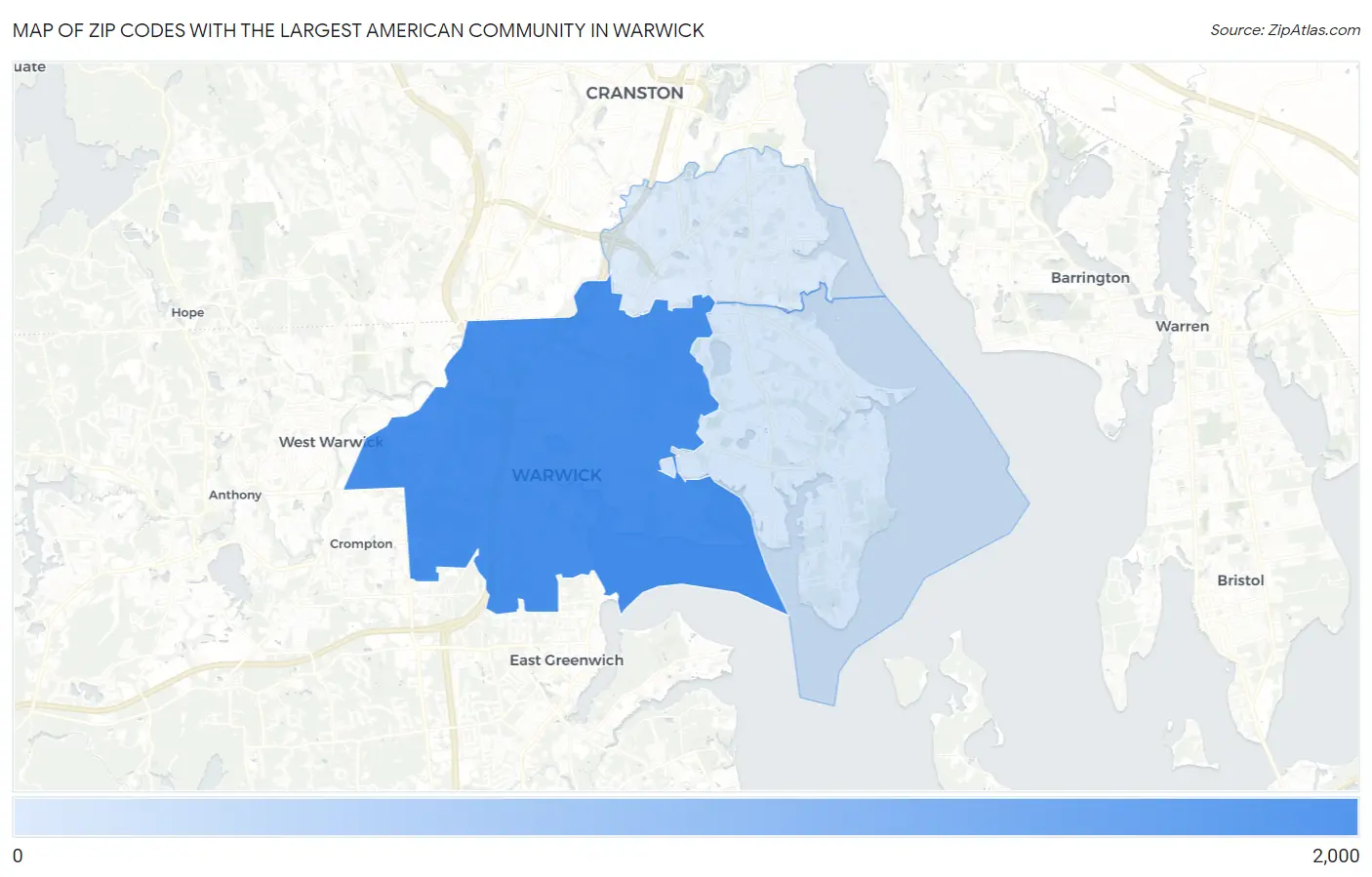Zip Codes with the Largest American Community in Warwick Map