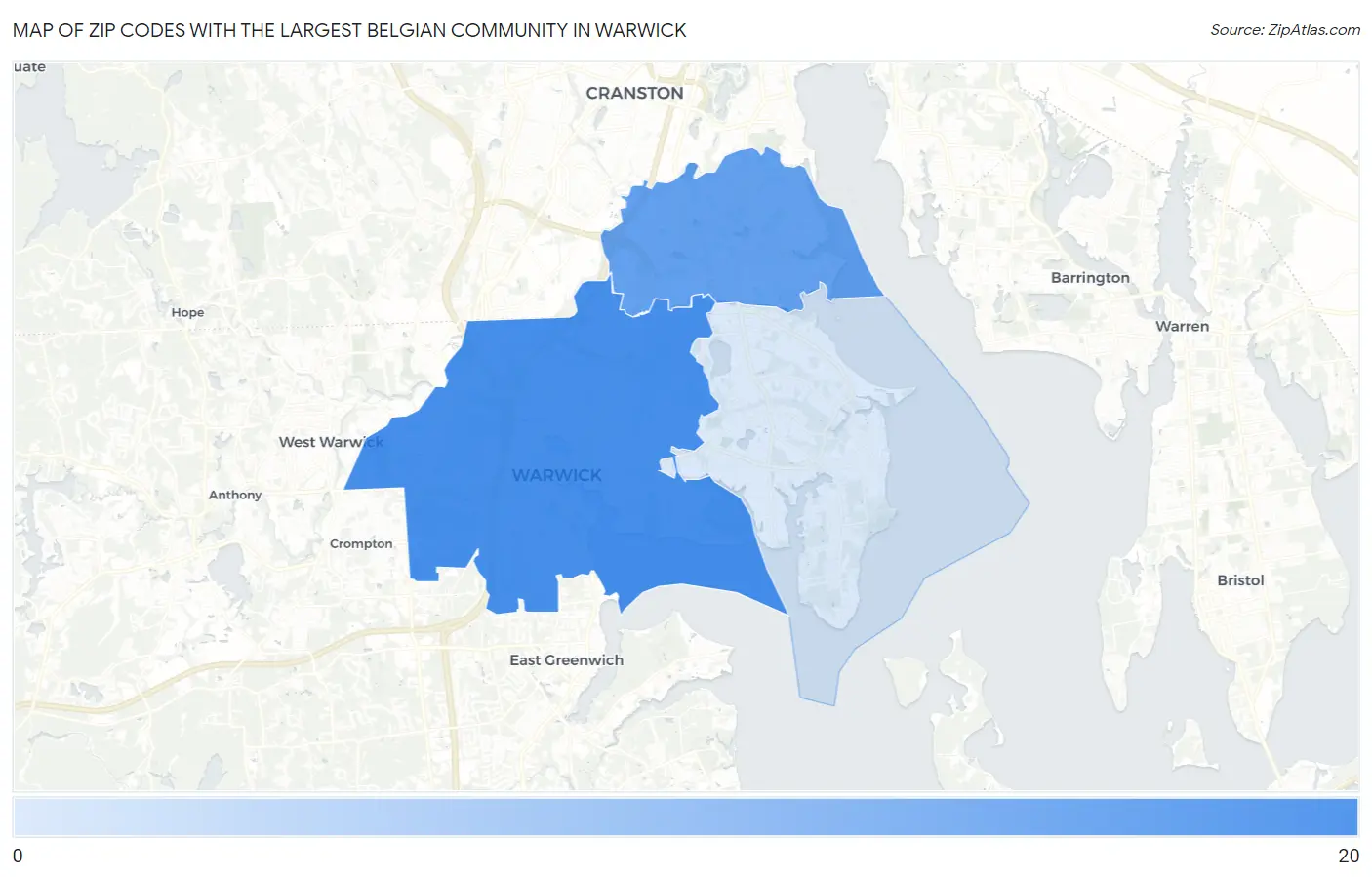 Zip Codes with the Largest Belgian Community in Warwick Map