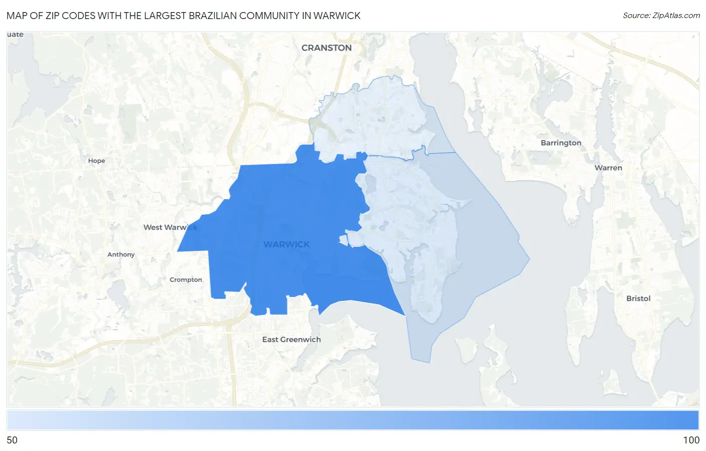 Zip Codes with the Largest Brazilian Community in Warwick Map