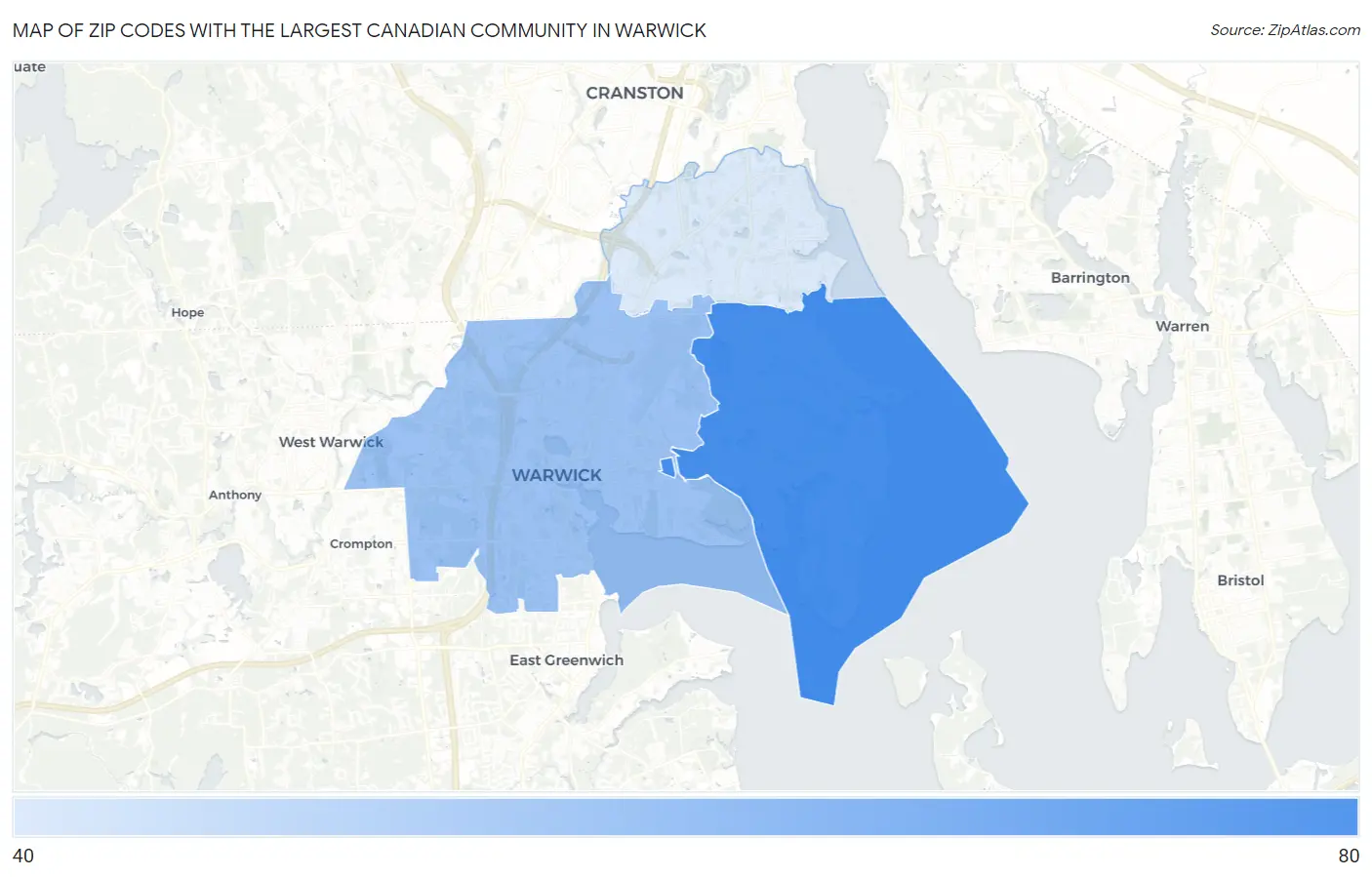 Zip Codes with the Largest Canadian Community in Warwick Map