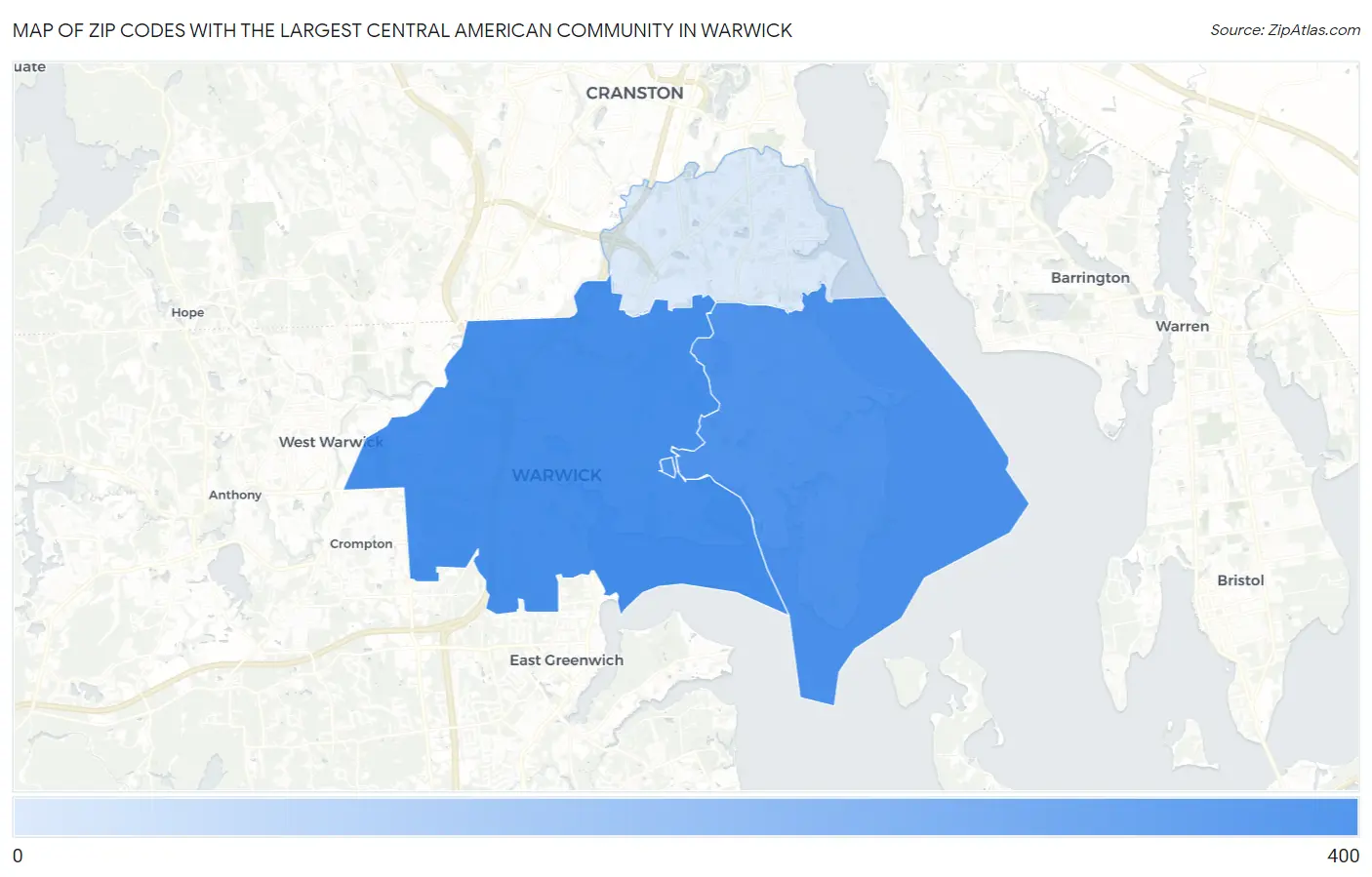 Zip Codes with the Largest Central American Community in Warwick Map
