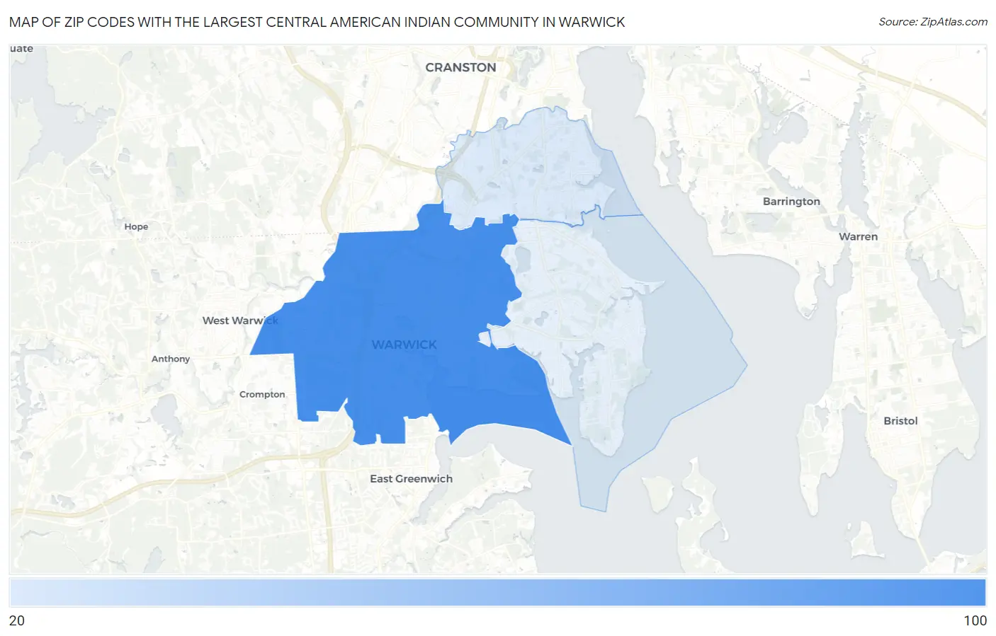 Zip Codes with the Largest Central American Indian Community in Warwick Map