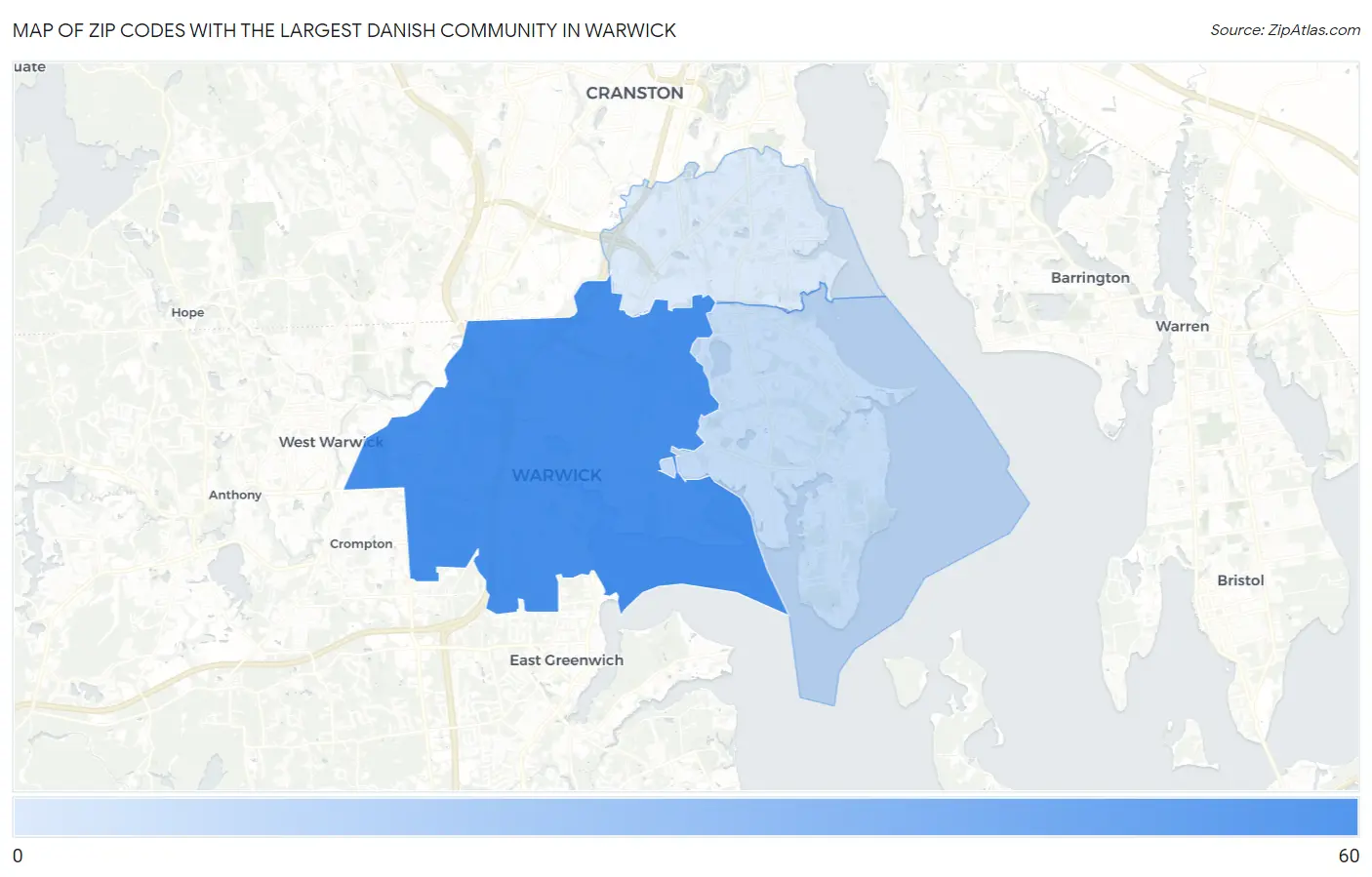 Zip Codes with the Largest Danish Community in Warwick Map