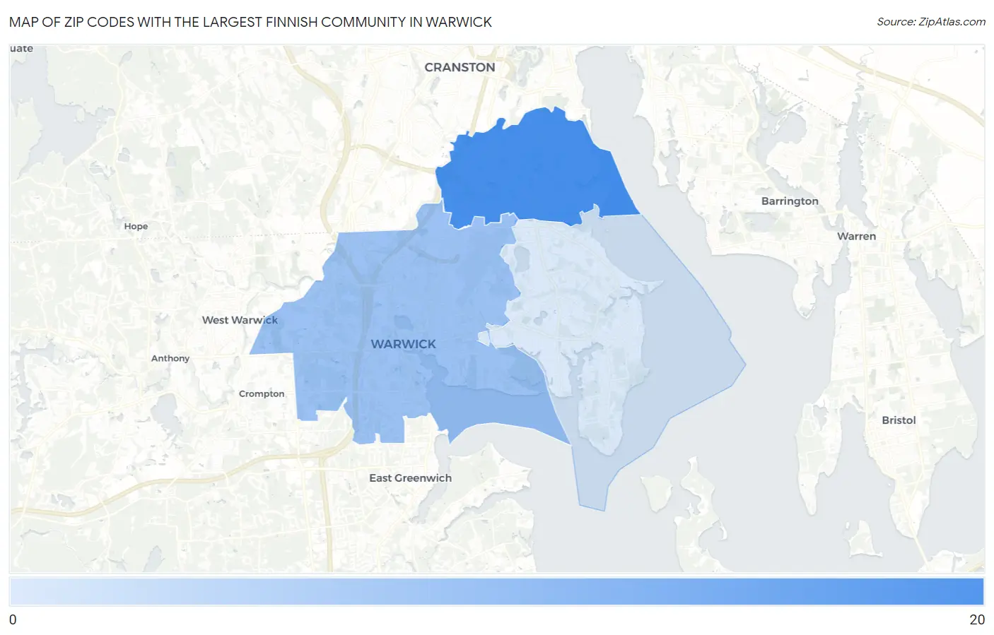 Zip Codes with the Largest Finnish Community in Warwick Map