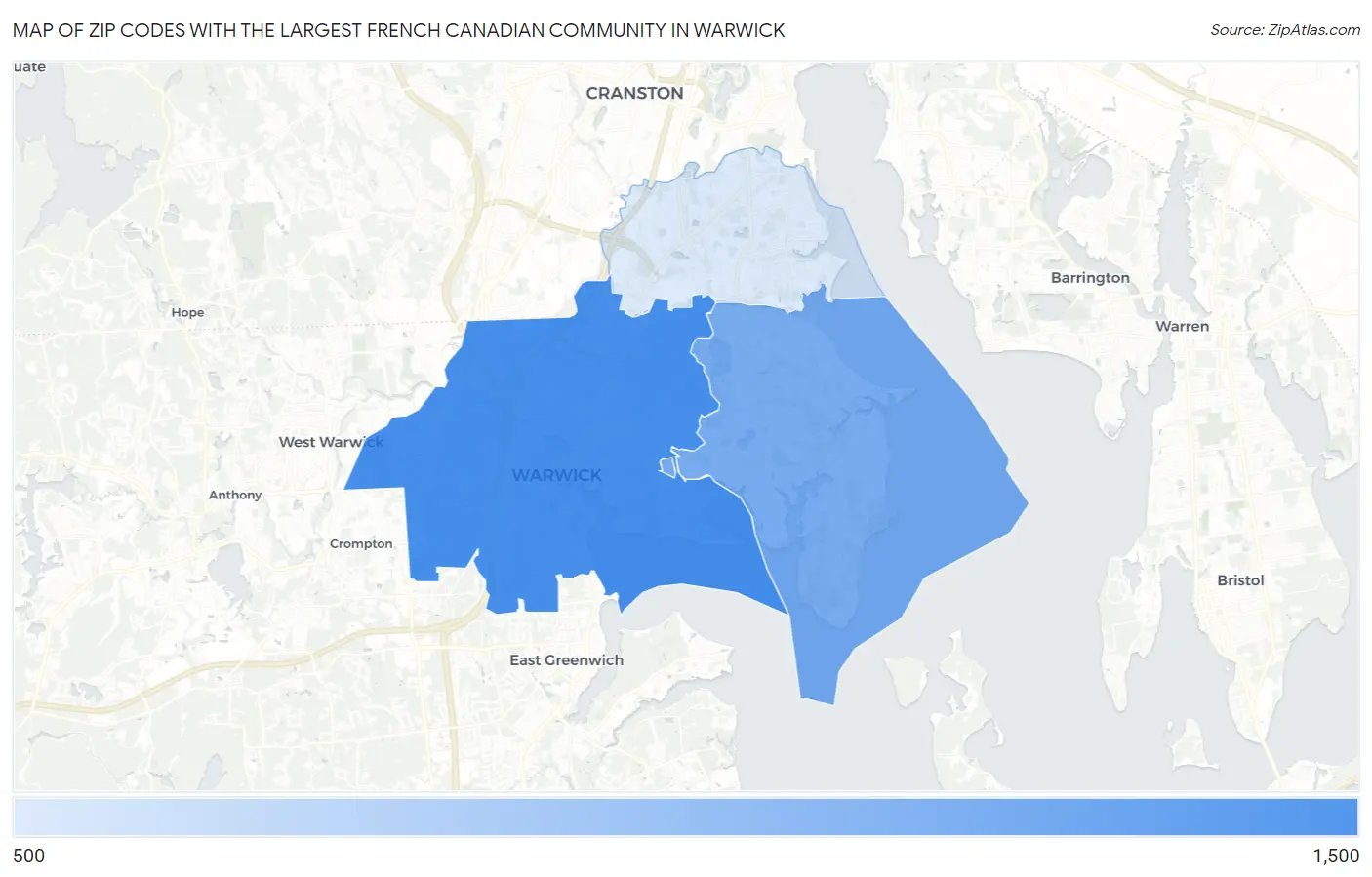 Zip Codes with the Largest French Canadian Community in Warwick Map