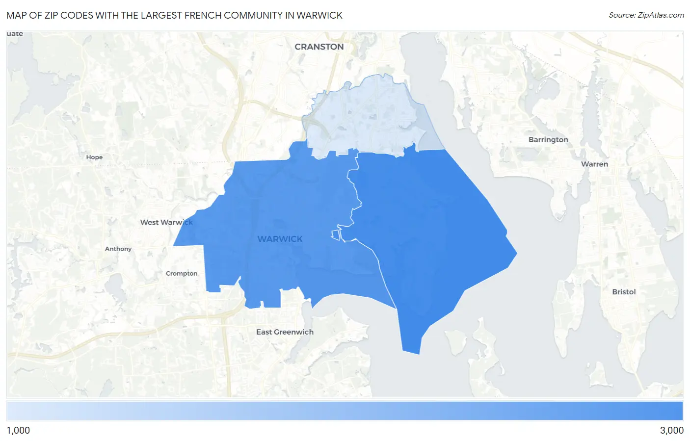 Zip Codes with the Largest French Community in Warwick Map