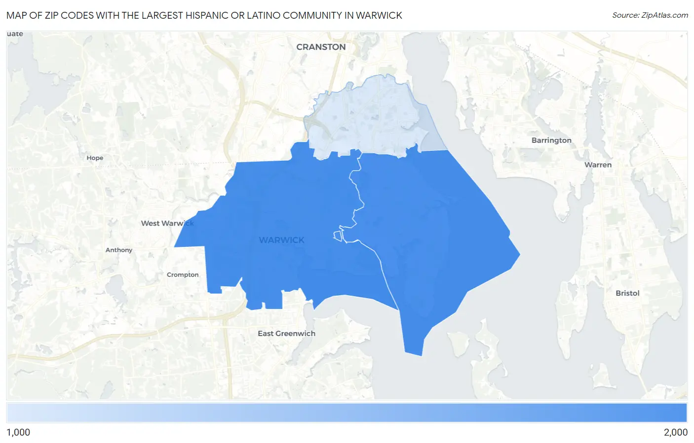 Zip Codes with the Largest Hispanic or Latino Community in Warwick Map