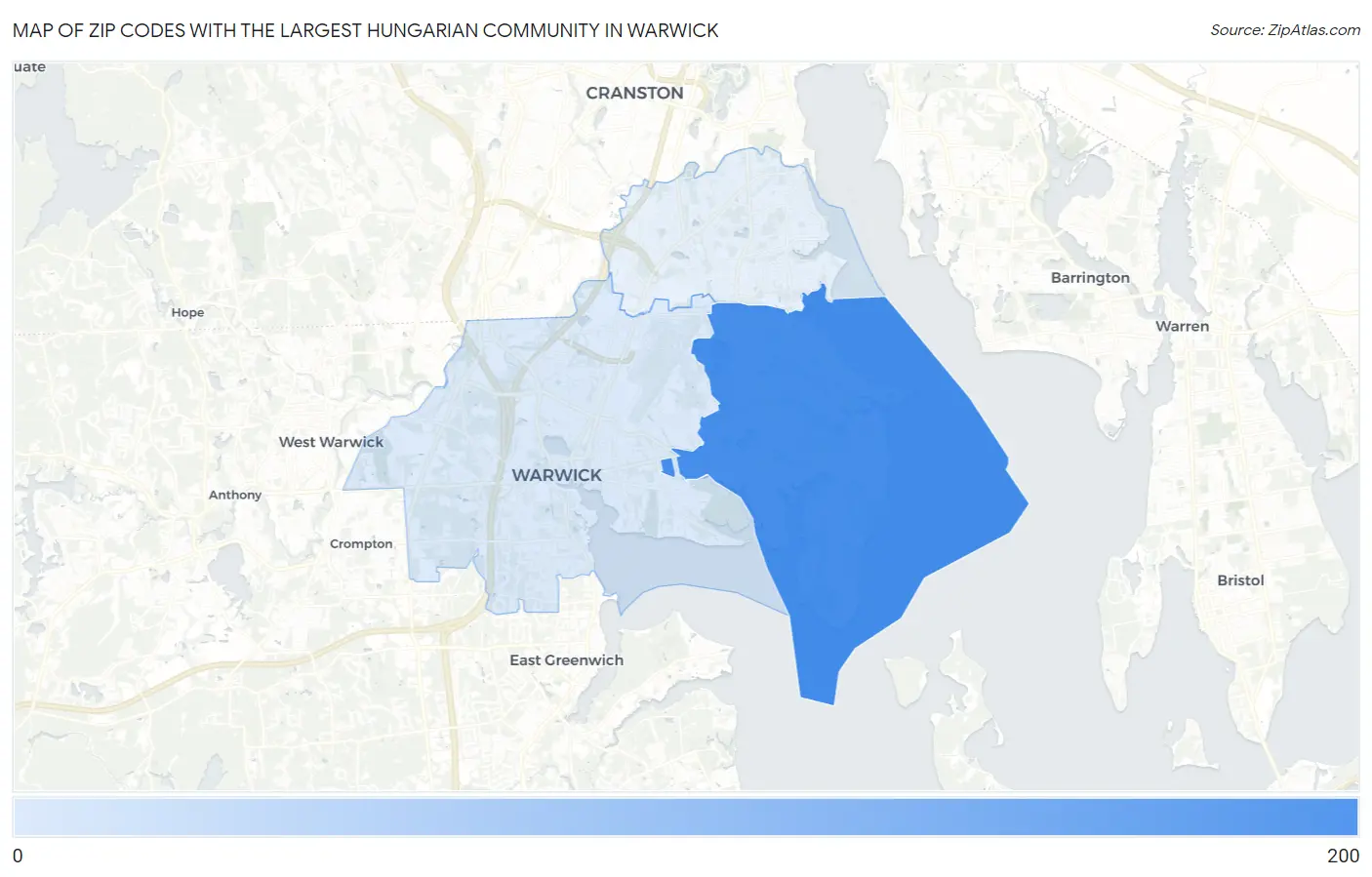 Zip Codes with the Largest Hungarian Community in Warwick Map