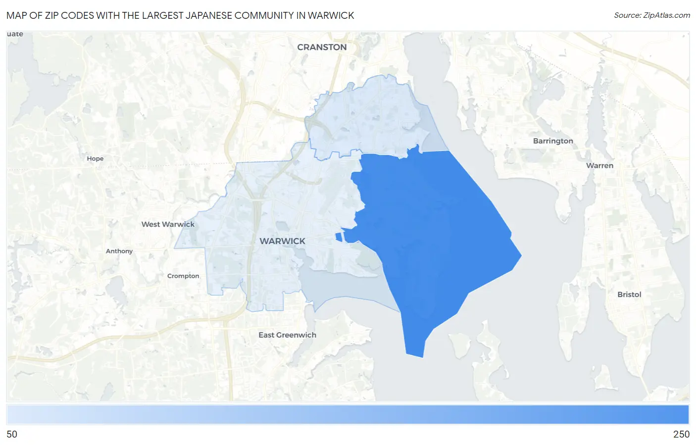 Zip Codes with the Largest Japanese Community in Warwick Map