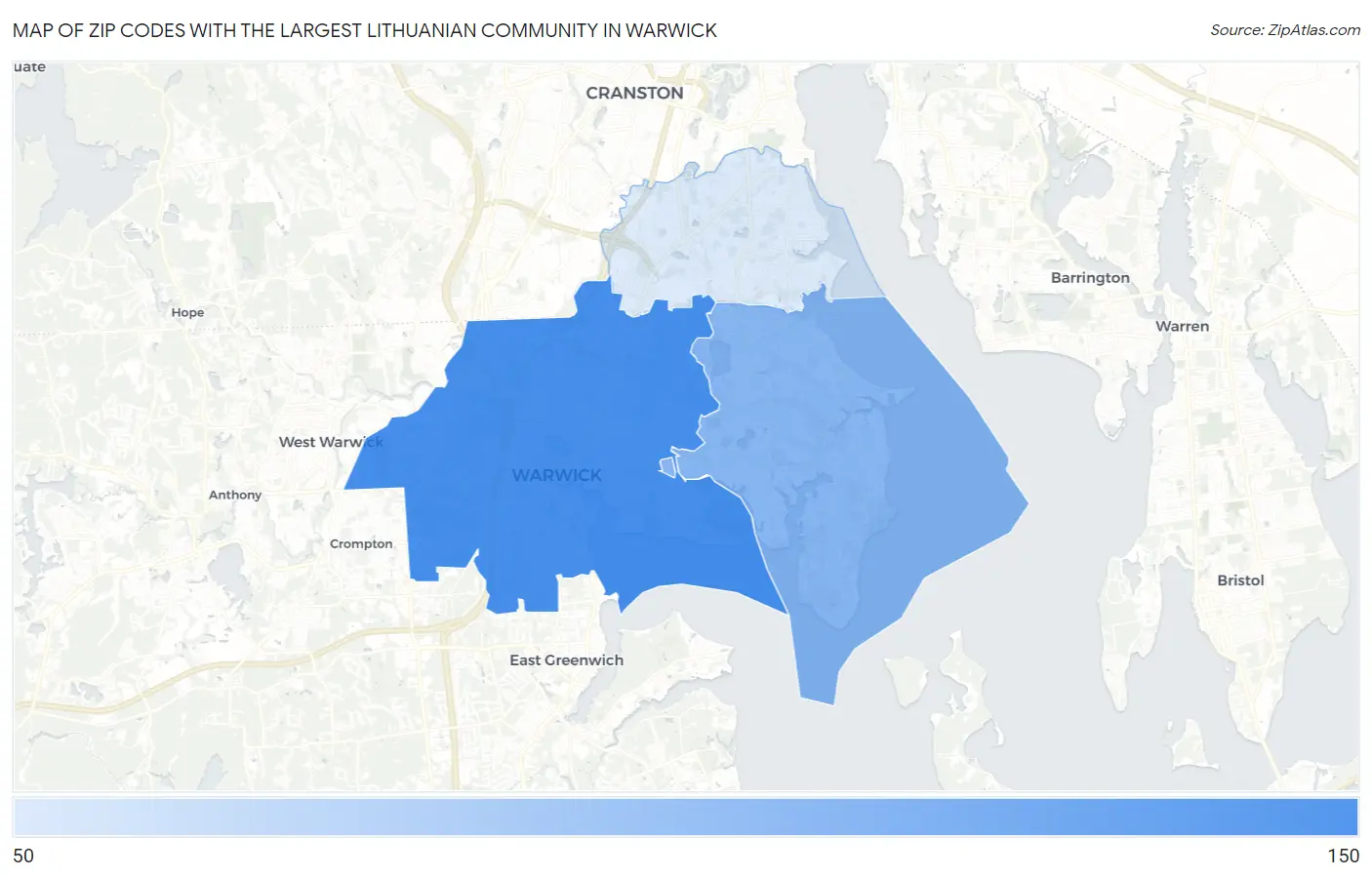 Zip Codes with the Largest Lithuanian Community in Warwick Map